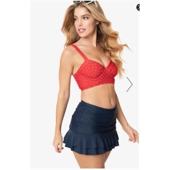 Unique Vintage Alice Swim Skirt High Rise Ruched Retro Blue Polka Dot XXL 2XL 2X - Picture 15 of 15